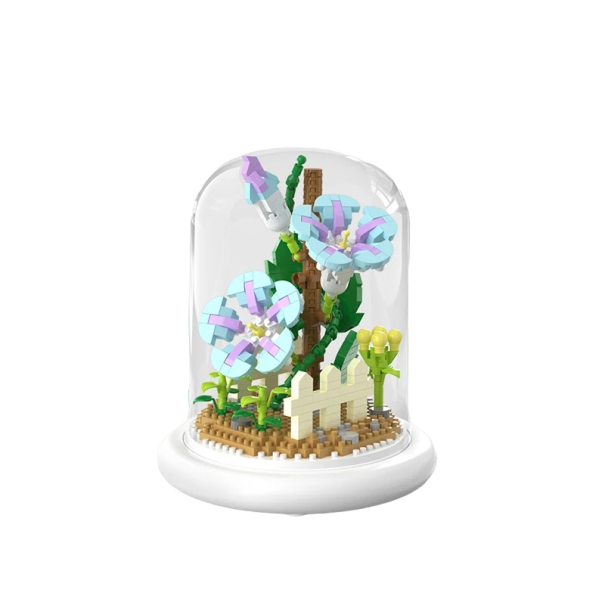 Mini zestaw niebiesko-fioletowe kwiaty na jasnej podstawie i w szklanej pokrywce 13,5 x 11,7 cm bateria AAA Dekoracja domu z zestawu Składana zabawka dla dzieci 500 sztuk 1