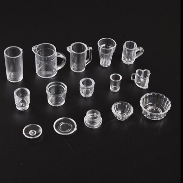 Miniatura de vajilla para la casita de muñecas Set de 15 piezas de copas y cuencos transparentes de plástico que parecen vidrio Tamaño de 1 a 2 cm 1