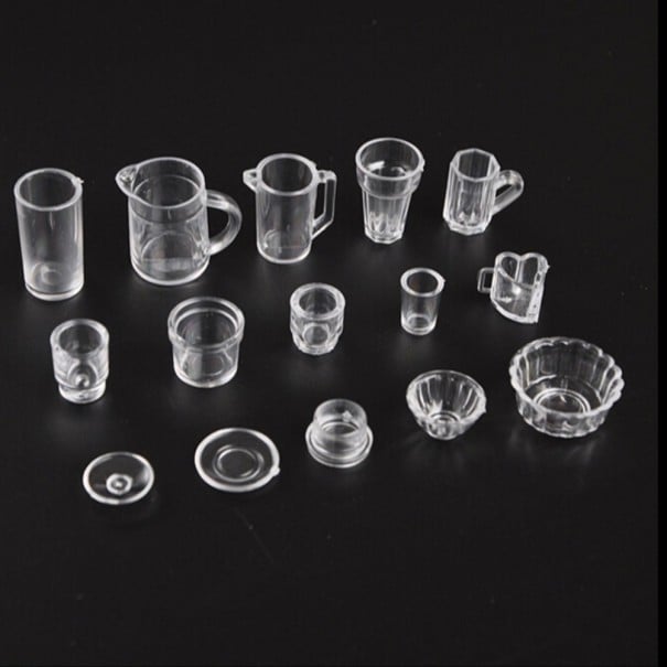 Miniaturni vase pentru căsuța păpușilor Set de 15 bucăți de sticle și boluri transparente din plastic care imită sticla Dimensiune 1 până la 2 cm 1