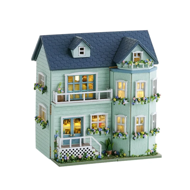Miniatyyri puinen nukkekoti 8,5 x 6,2 x 9,8 cm Tee-se-itse-malli valolla ja kalusteilla. Käsin koottu miniatyyrirakennussarja ilman liimaa 1
