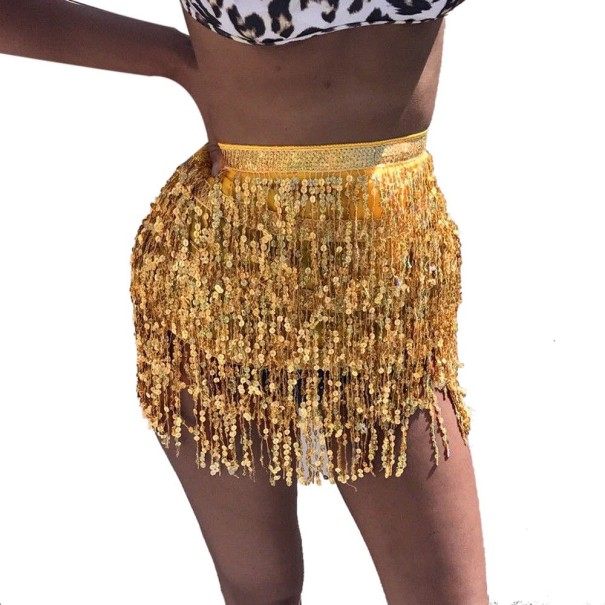 Minifalda de mujer con lentejuelas y flecos dorado