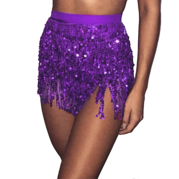 Minifalda de mujer con lentejuelas y flecos morado