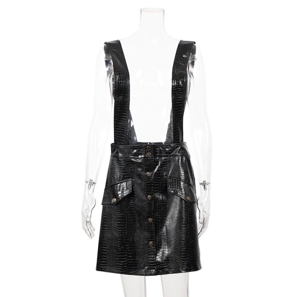 Minifalda de piel para mujer con tirantes negro S