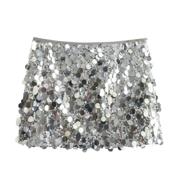 Minifalda plateada con lentejuelas para mujer, cintura alta, brillante, para fiesta, aspecto brillante, sexy, para fiesta, Nochevieja. L