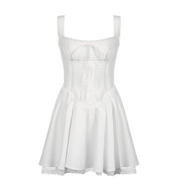 Minikleid mit Korsettschnitt und Spitzenbesatz Eleganter Vintage-Stil Geformte Körbchen Gerüscht Kordelzug zwischen den Brüsten Damenkleid weiß S