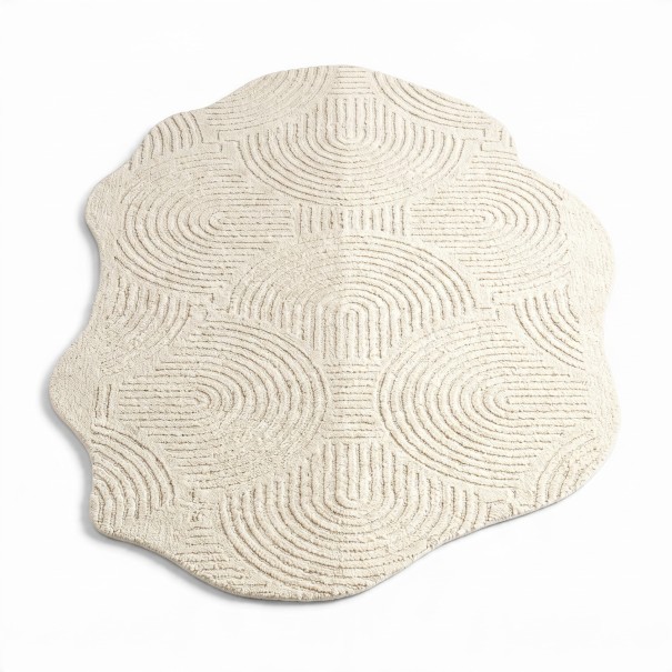 Minimalistický kusový koberec Nepravidelný tvar Reliéfní vzor oblouků 120 x 80 cm Polyesterový Krémově béžový s vlnitým okrajem 1