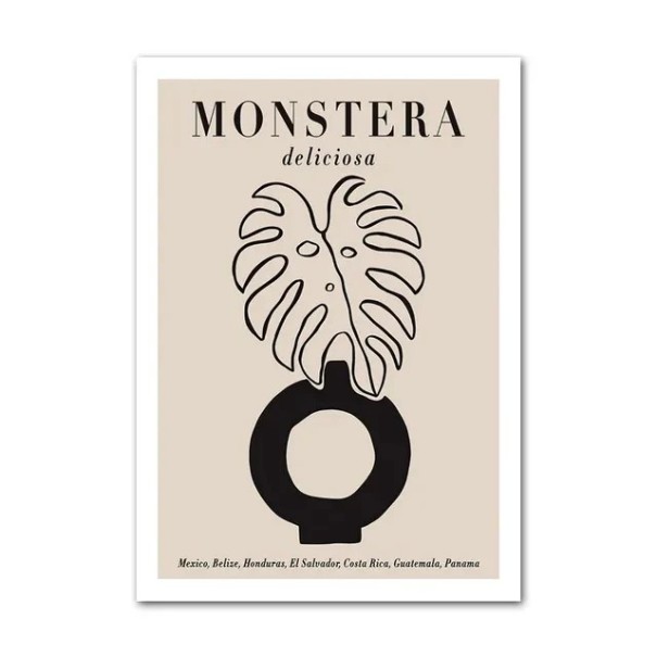 Minimalistinen seinäjuliste monstera-lehdestä tekstillä 20 × 30 cm kangastuloste musta-beige toteutus sisustuselementti ilman kehystä 1