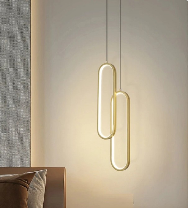 Minimalistischer LED-Hängeleuchter, 36 W, doppelte moderne ovale Beleuchtung mit Aufhängedraht, 1,5 m, Metall, Edelstahl, doppelter ovaler Kronleuchter, warmweiß, 9 x 40 cm golden