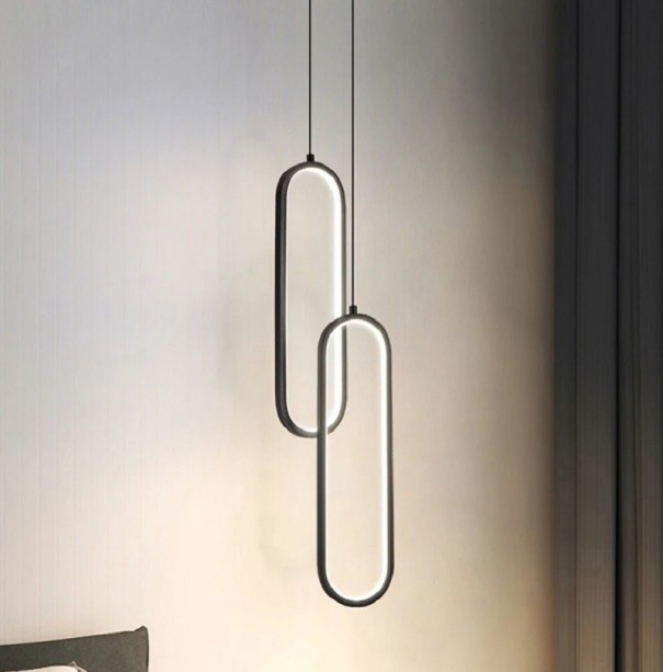Minimalistisk LED hängande ljuskrona 36W dubbel modern oval belysning med 1,5 m upphängningstråd Metall rostfritt stål ljuskrona med två ovaler, varmvit 9 x 40 cm svart