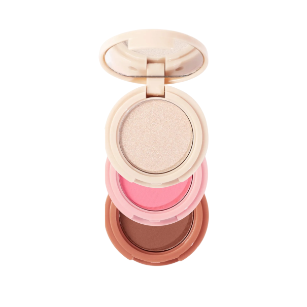 Minipalett med rouge, highlighter och bronzer för ansiktet 4,2 x 4,2 x 2,5 cm Multifunktionell sminkpalett med spegel Pärlemorskimrande skimmerpuder för att ljusa upp ansiktet