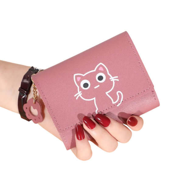 Miniplånbok med animerad katt och lycklig tass 11,5x9 cm fler än 7 fack fotofönsterficka för sedlar söt och praktisk design mörkrosa