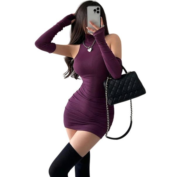 Minišaty s vysokým límečkem a odhalenými rameny Oddělené dlouhé rukávy Sexy bodycon střih Elegantní večerní šaty Elastický materiál fialová L