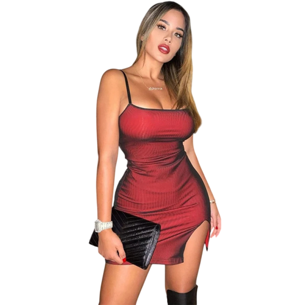 Minivestido rojo de malla de dos capas con abertura, corte entallado, tirantes finos, elegante, para fiesta de noche, minivestido rojo sexy S