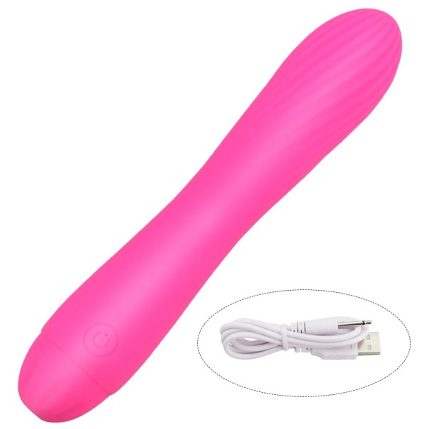 Minivibrator i silikone 17,2x3,2 cm med rillet overflade og 7 vibrationstilstande. USB-opladning, vandtæt, diskret emballage. rosa