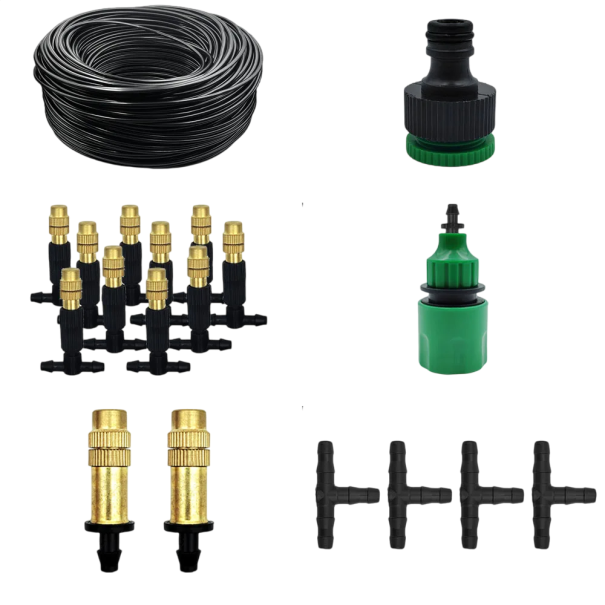 Misting Kit 15 m PVC Hose Brass Nozzles Connectors and Adapters Garden Irrigation Outdoor Cooling 1