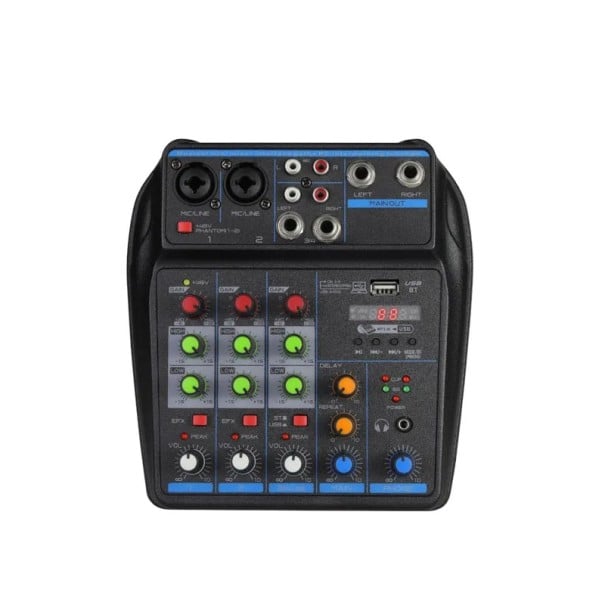 Mixážní pult 4kanálový pro DJ s Bluetooth a USB 48 V fantomové napájení monitorovací systém a audio systém černý na karaoke 1