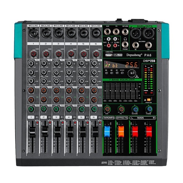 Mixážní pult 6kanálový pro DJ s Bluetooth a USB 48 V fantomové napájení 256 DSP efektů 7pásmový ekvalizér černý na karaoke 1
