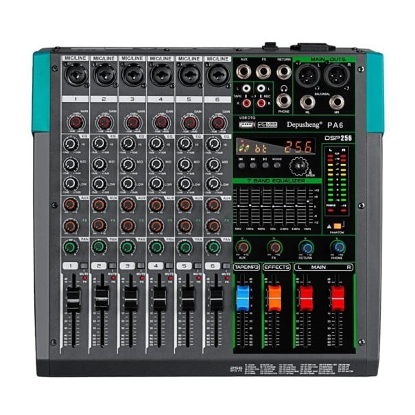Mixeur 6 canaux pour DJ avec Bluetooth et USB alimentation fantôme 48 V 256 effets DSP égaliseur 7 bandes noir pour karaoke 1