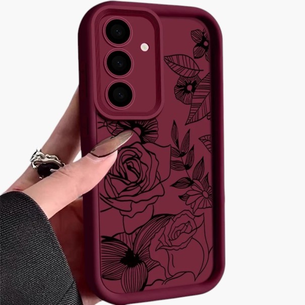 Mobilcover til Samsung Galaxy S24+ med blomster- og rosemotiv Silikonecover til mobil Galaxy S24 Plus med kamerabeskyttelse vinrød