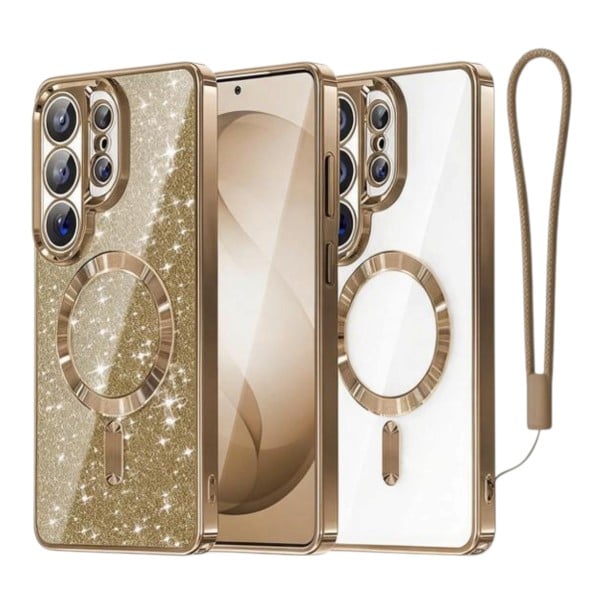 Mobilcover til Samsung Galaxy S25+ Aftageligt glitrende panel Understøttelse af magnetisk opladning Plastisk etui med håndledsrem guld