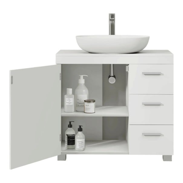 Mobile da bagno sotto lavabo 30 x 60 x 64 cm con gambe, ante e tre cassetti con maniglie argentate in bianco lucido 1