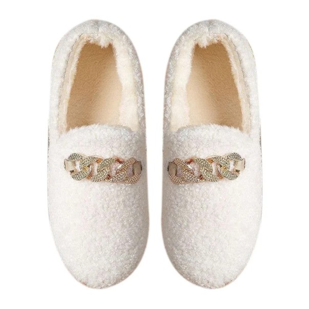 Mocasini de pluș de damă Papuci de iarnă călduros cu talpă anti-alunecare Pantofi de casă eleganti în formă de mocasin Papuci moale și confortabil alb 40