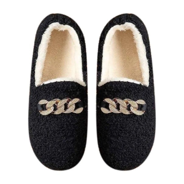 Mocasini de pluș de damă Papuci de iarnă călduros cu talpă anti-alunecare Pantofi de casă eleganti în formă de mocasin Papuci moale și confortabil negru 37