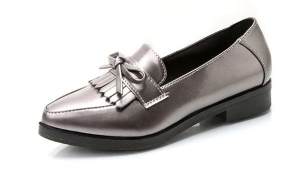 Mocasini din piele pentru femei cu panglică argint 36