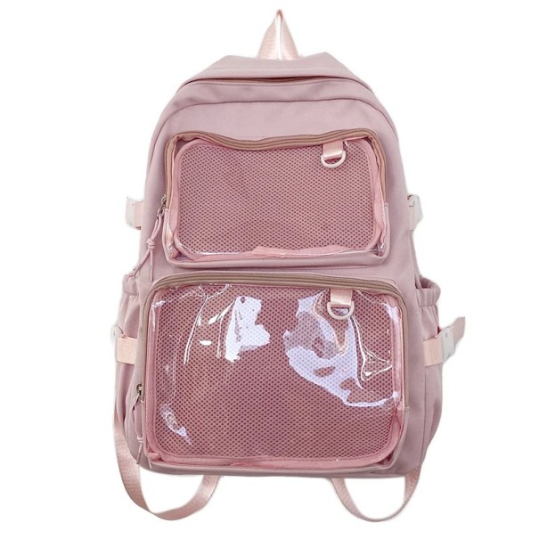 Mochila de moda feminina 44 x 13 x 30 cm Mochila escolar e de passeio com bolsos transparentes com fecho de correr Alças ajustáveis Grande capacidade rosa