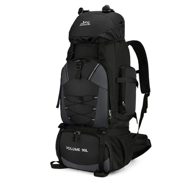 Mochila de senderismo de gran capacidad 90 l con cordones frontales 87 x 35 x 22 cm Bolsillos laterales y cinturón para trekking negro