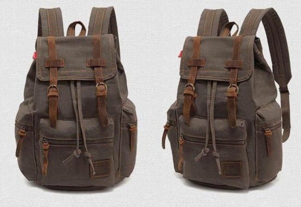 Mochila de viaje de lona con piel J3087 color verde militar