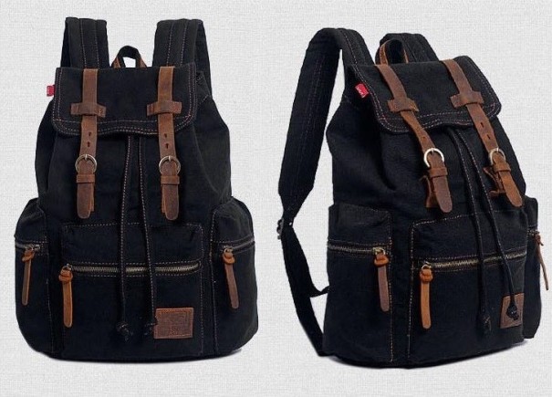 Mochila de viaje de lona con piel J3087 negro