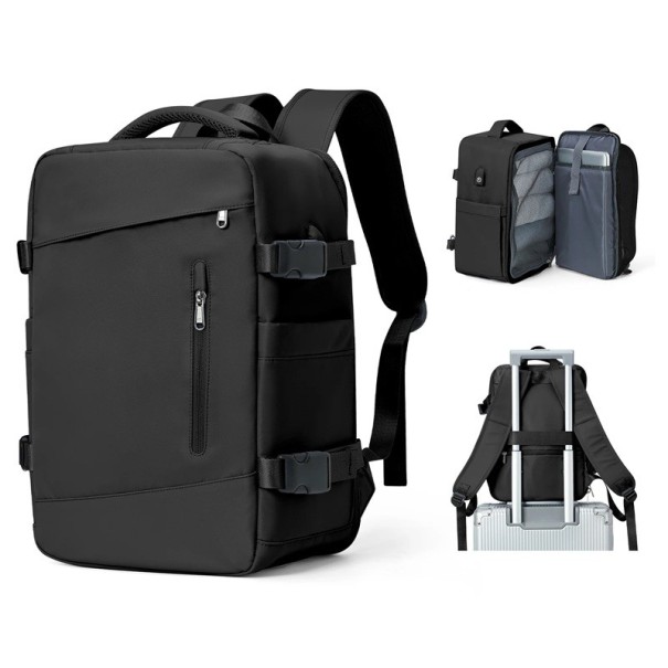 Mochila de viaje de nailon impermeable, 40 x 20 x 25 cm, bolsillo lateral impermeable para botella, cremallera doble, mochila para equipaje de mano en avión. negro