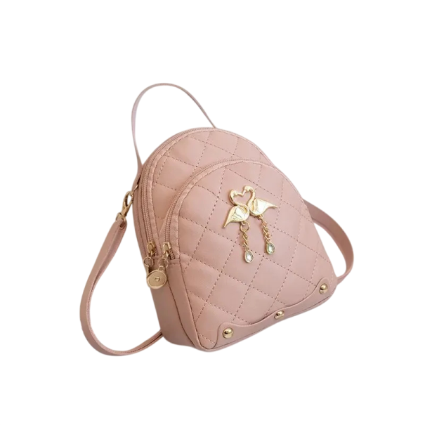 Mochila mini para mujer 15 × 7 × 18 cm Mochila de moda acolchada de cuero sintético Accesorio ligero y resistente al agua con flamencos dorados rosa