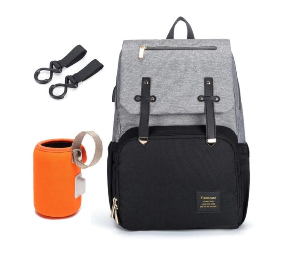 Mochila para mudas de fraldas para mamãs com suporte térmico e cabo USB Impermeável e respirável Bolsos laterais Correia para mala Nylon 27 x cinzento