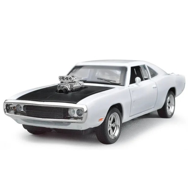 Model auta Dodge Charger 1:32 16,7 × 6 × 4,5 cm Kovový sběratelský model ze slitiny Retro americký muscle car dekorace pro sběratele bílá