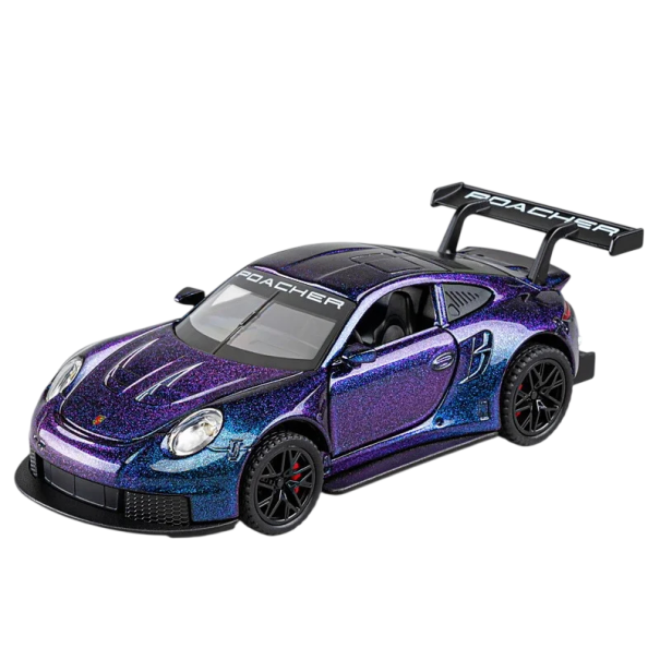 Model auta Porsche 911 GT3 RS 1:32 15,5 × 6,5 × 4 cm Kovový sběratelský model Zinkové tělo Sportovní závodní vůz dekorace fialová