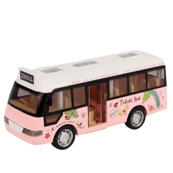 Model autobusu Realistická plastová miniatura vozidla Detailná hračka pre deti ružová
