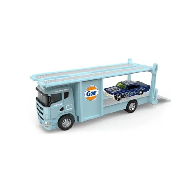 Model kovového dvojposchodového autoprepravníka s malým autíčkom Detailná miniatura prepravného vozidla svetlo modrá