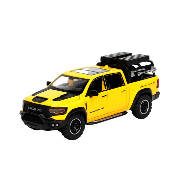 Model metalic de mașină RAM Miniatură detaliată de colecție a unui pick-up off-road Design metalic realist cu uși care se deschid galben