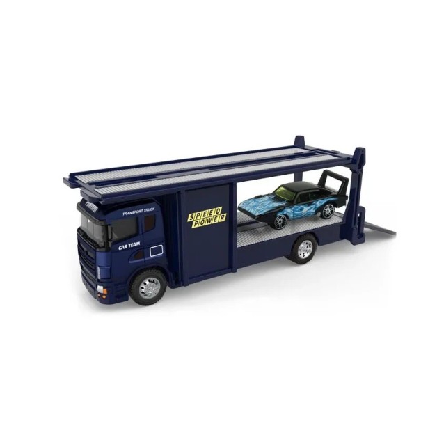 Model metalowego dwupoziomowego transportera samochodów z małym autkiem Szczegółowa miniatura pojazdu transportowego ciemnoniebieski