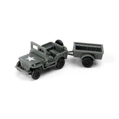 Model terénního vozu Jeep s taženým přívěsem měřítko 1:72 plastová stavebnice k sestavení armádní vojenská technika značka GSF 1