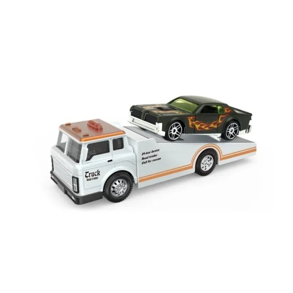 Model van een metalen kantelbare sleepwagen met een klein autootje Realistische miniatuur wit