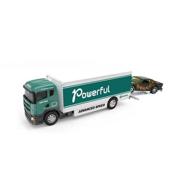 Model van een metalen transporttruck met een kleine auto Realistische miniatuur van een truck groen