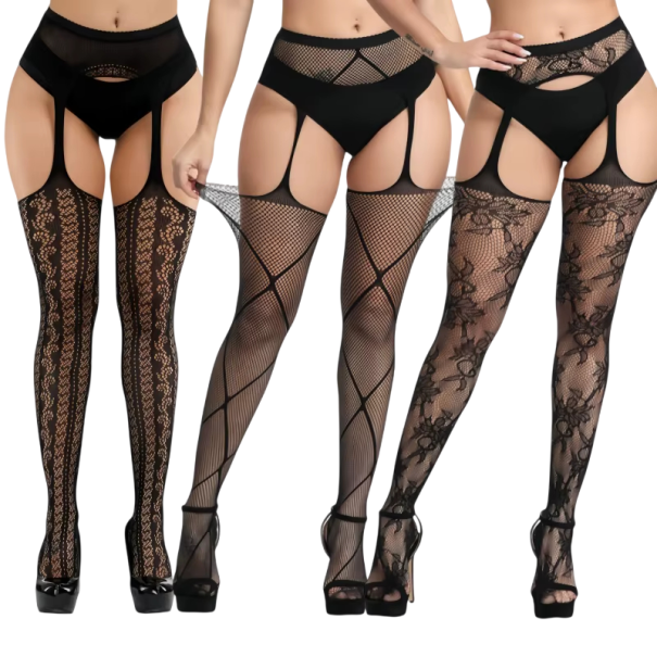 Modell med strumpebands-effekt och nätmönster knästrumpor universell storlek 150–185 cm nylon spandex svarta dam 1