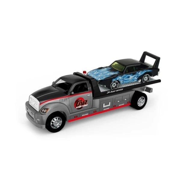Modello di auto di soccorso in metallo con piattaforma e piccolo automobile Miniatura realistica grigio