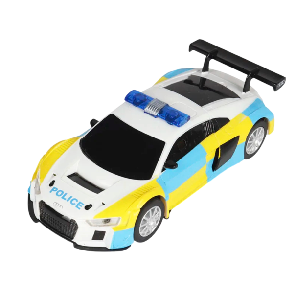 Modelo de carro Polícia Audi R8 1:43 Carrinho de plástico com luzes de emergência Carro policial de corrida Brinquedo para crianças Modelo 1