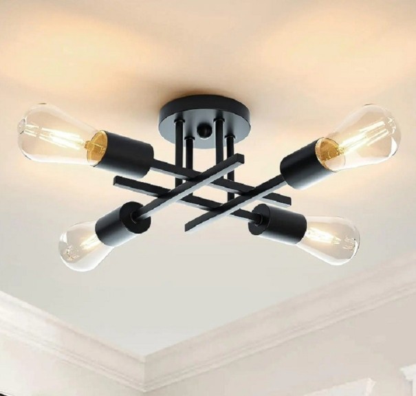 Modern ljuskrona för fyra E27-lampor Halv infälld takkrona Takbelysning i metall Minimalistisk lampa 54 x 13 cm svart