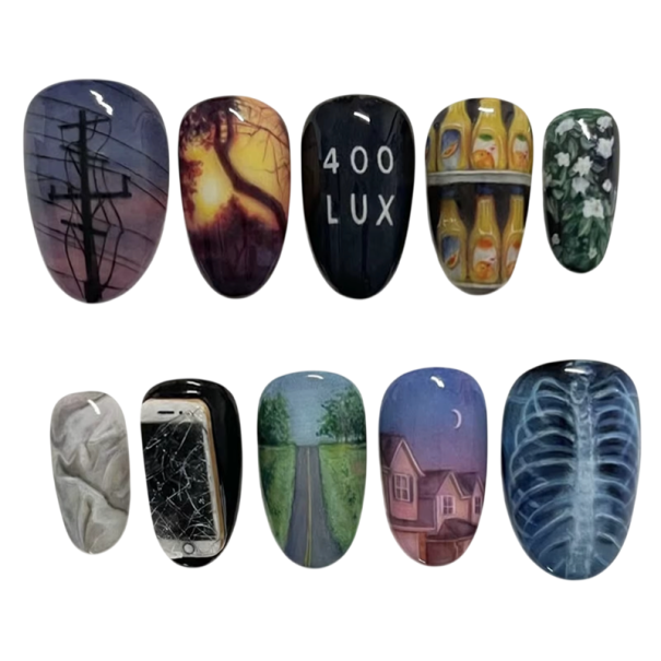 Modern Nail Style Almond Shape 25.6–18.3 mm 12 Sizes 24 Glossy Artificial Nails Sweet Patterns Glue and Buffing Tape 1