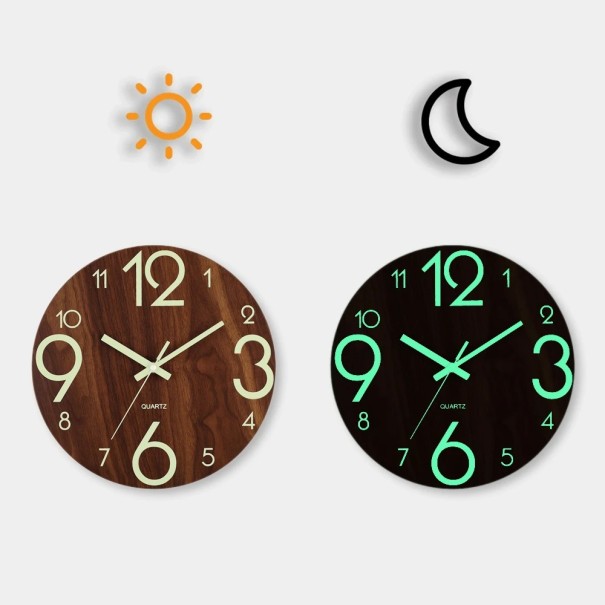Modern Wall Clock 29.7 cm Wooden Look Glowing Digits Silent Operation Quartz Movement For Bedroom Living Room Kitchen Decoration 1
